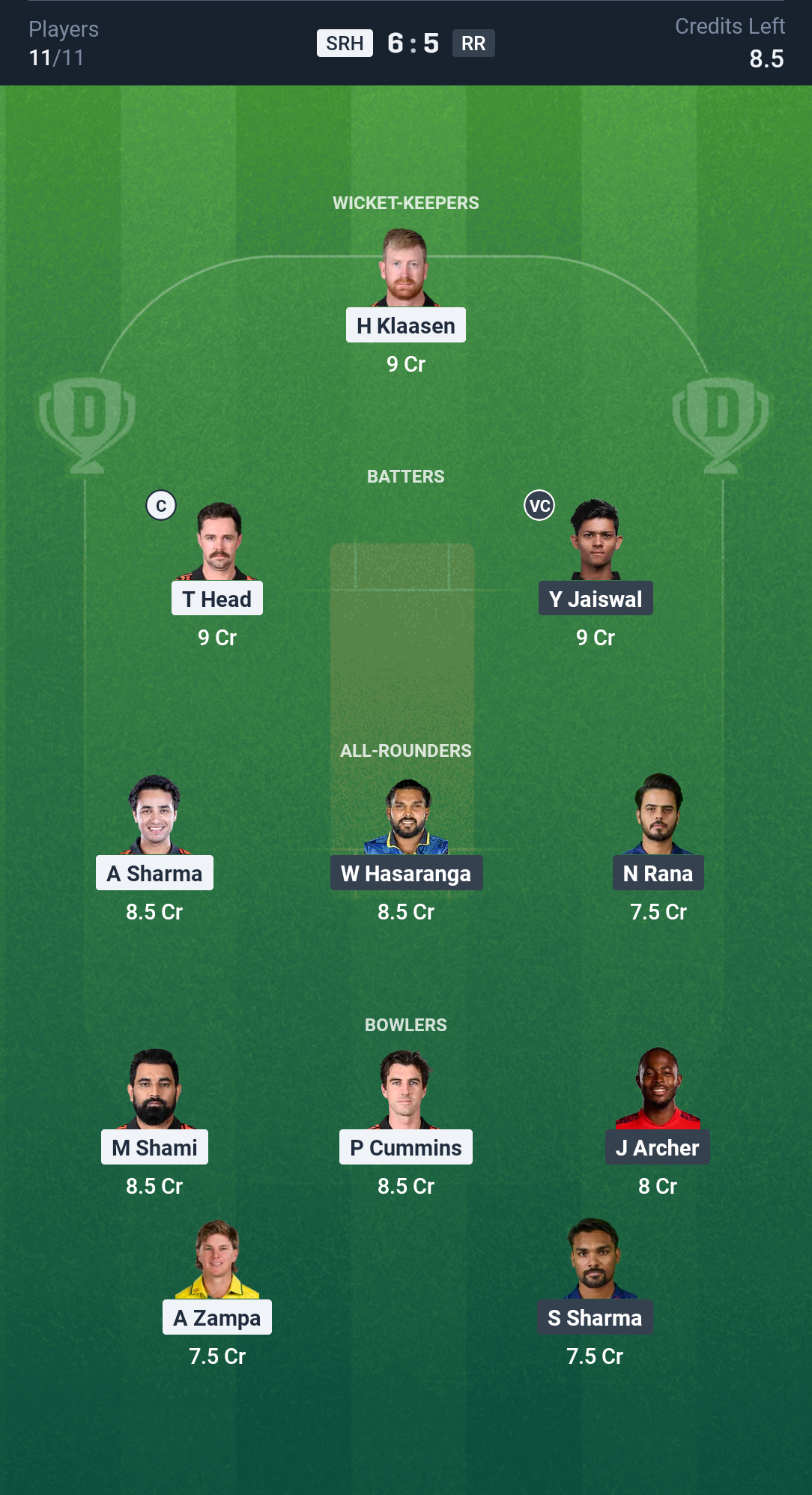 SRH vs RR: Dream11