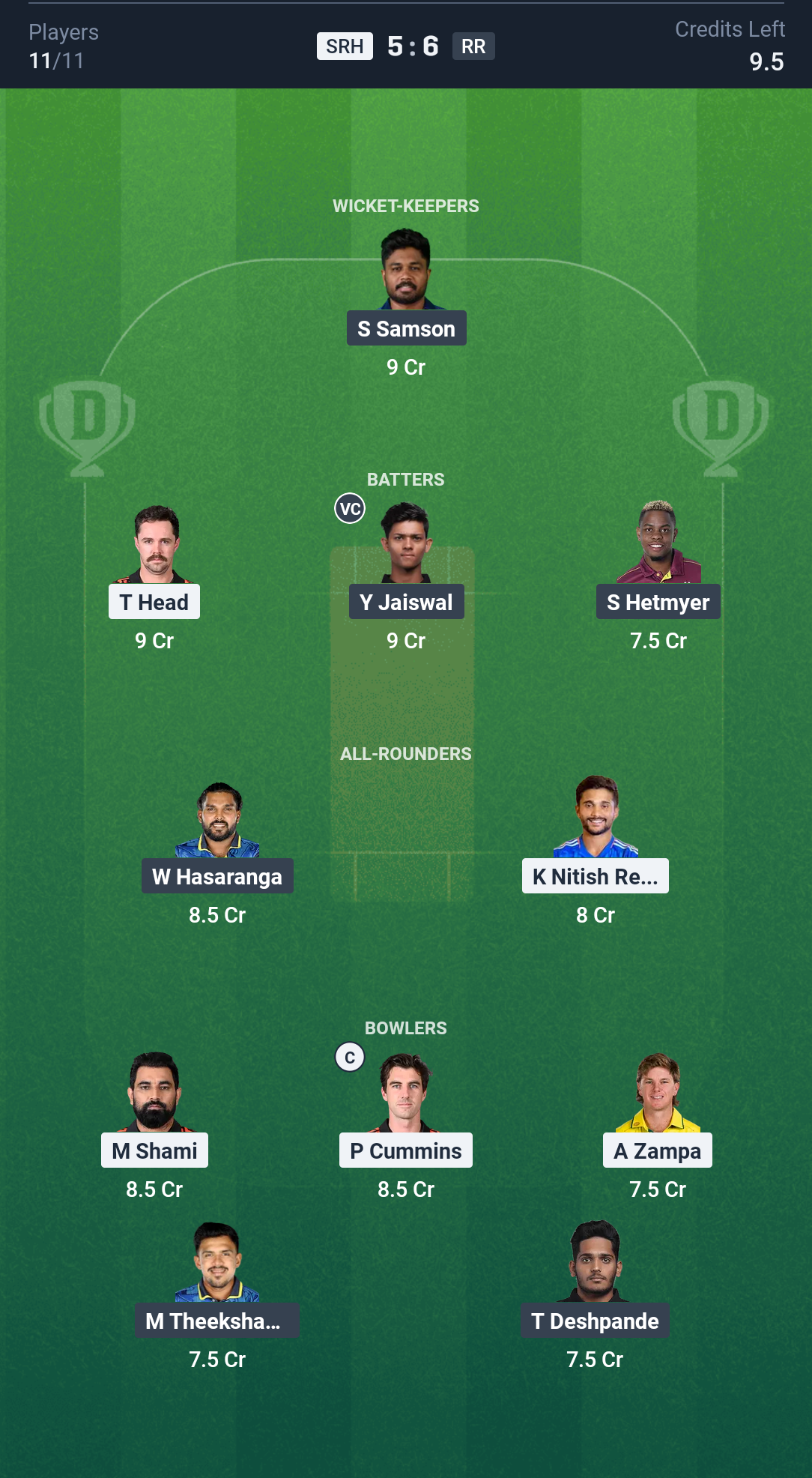 SRH vs RR: Dream11