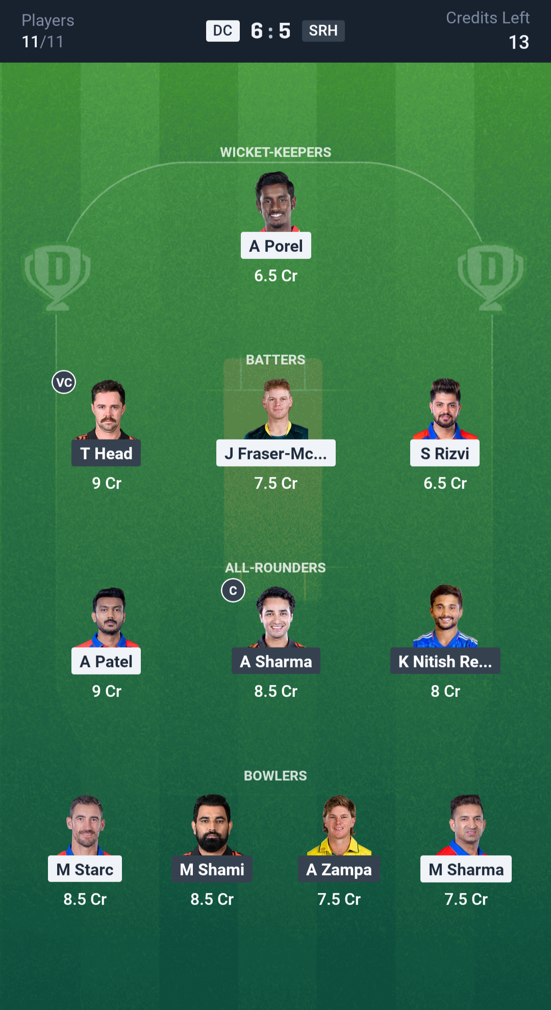 DC SRH Dream11 