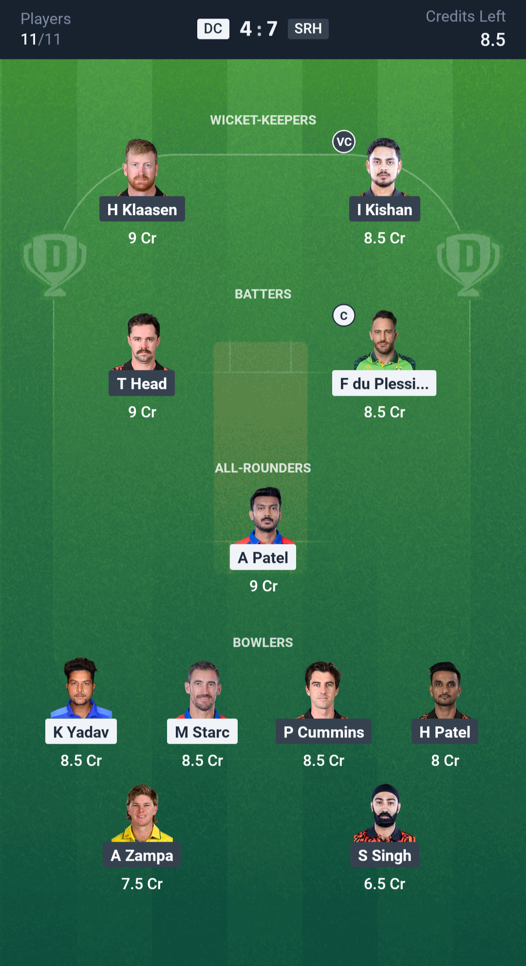 SRH DC Dream11